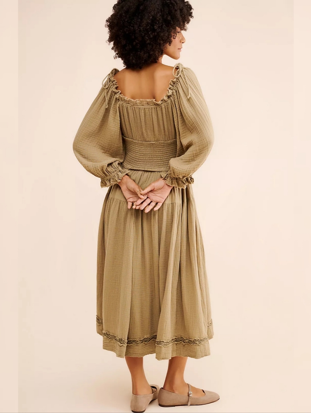 Free People Toledo Embroidered Midi Dress Greyed Olive Green Lantern Sleeve - Picture 2 of 15